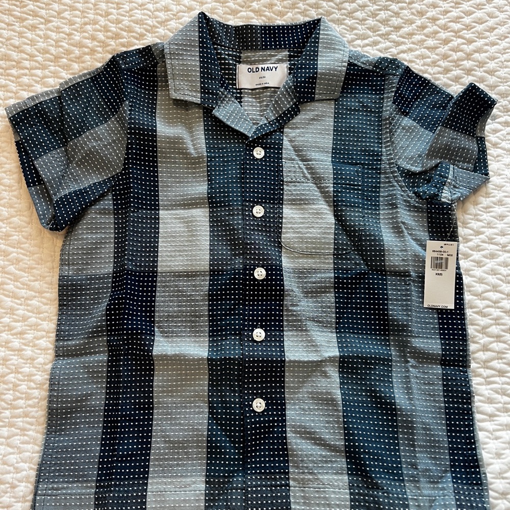 Old Navy Boys Plaid Shirt - Blue and Grey - Boys XS (5) - NEW WITH TAGS